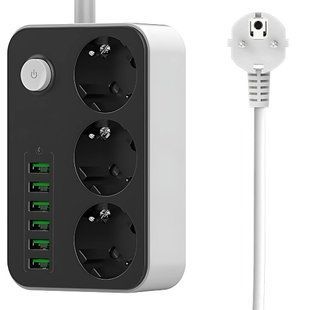 Удлинитель питания 3 розетки 250 В 2 м 6 зарядных устройств USB 12382
