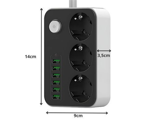 Удлинитель питания 3 розетки 250 В 2 м 6 зарядных устройств USB 12382
