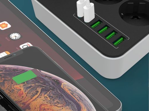 Удлинитель питания 3 розетки 250 В 2 м 6 зарядных устройств USB 12382