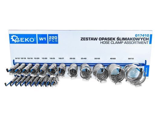 Комплект металлических зажимных хомутов с органайзером 220 шт Geko G17410