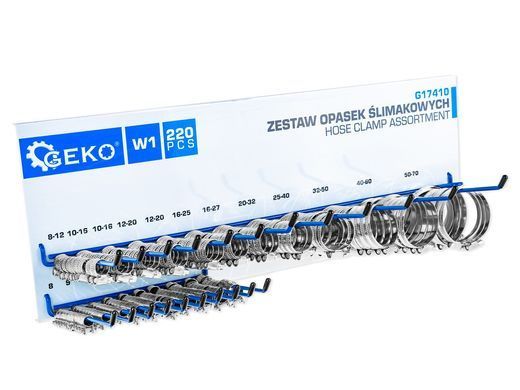 Комплект металлических зажимных хомутов с органайзером 220 шт Geko G17410