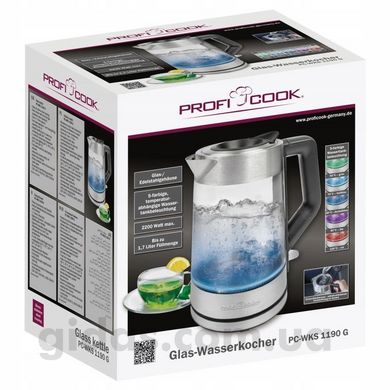Скляний електричний чайник з разнацветной підсвічуванням ProfiCook PC-WKS 1190 G